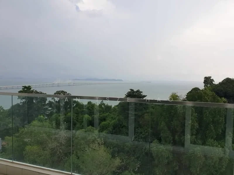Exterior features: glass railing, panoramic sea view, lush greenery in foreground, cloudy sky, distant bridge visible; style: modern.