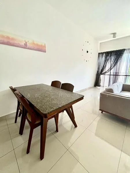 Dining features: 4-seater dining table with granite top, wooden dining chairs, white painted walls, large window with sheer curtains, tile flooring, clock on wall, decorative artwork on wall, recessed ceiling lights; style: modern. Living features: fabric sofa, white painted walls, large window with sheer curtains, tile flooring; style: modern.