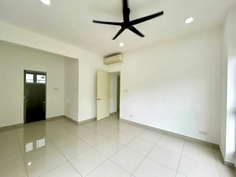 Room features: white painted walls, glossy tile flooring, 5-blade ceiling fan, wall-mounted split AC, door leading to another room, large window with natural light; style: modern.