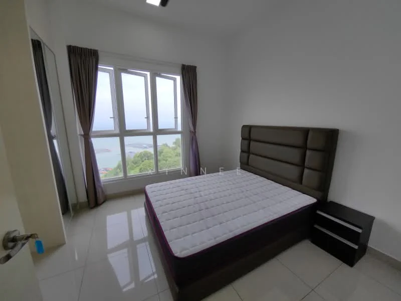 Bedroom features: king-size bed, upholstered headboard, nightstand with drawers, floor-to-ceiling windows, curtains, white painted walls, glossy tile flooring, mountain view; style: modern; view: mountain.