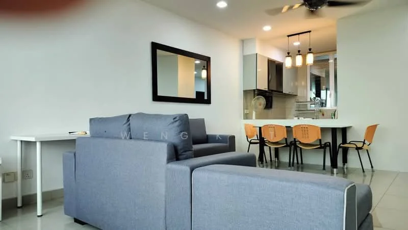 Living features: grey fabric sofa, 2-seater sofa, coffee table, wall-mounted mirror, recessed downlights, ceiling fan, tile flooring, open layout to dining area; style: modern. Dining features: 4-seater dining table, plastic dining chairs in orange, pendant lighting above dining table, open layout to kitchen, tile flooring; style: modern.