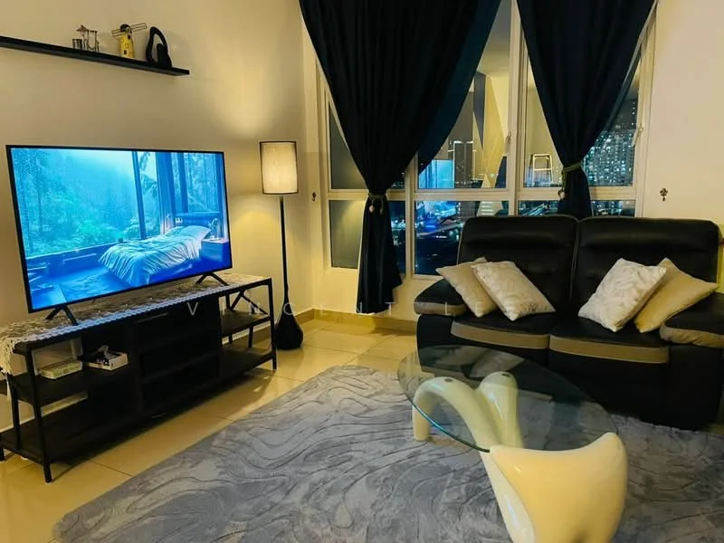 Living features: black leather sofa, 3-seater sofa, glass coffee table, TV console, large flat-screen TV, decorative cushions, area rug with abstract pattern, floor lamp, curtains, city view through large windows, tile flooring, wall-mounted decor; style: modern; view: city.