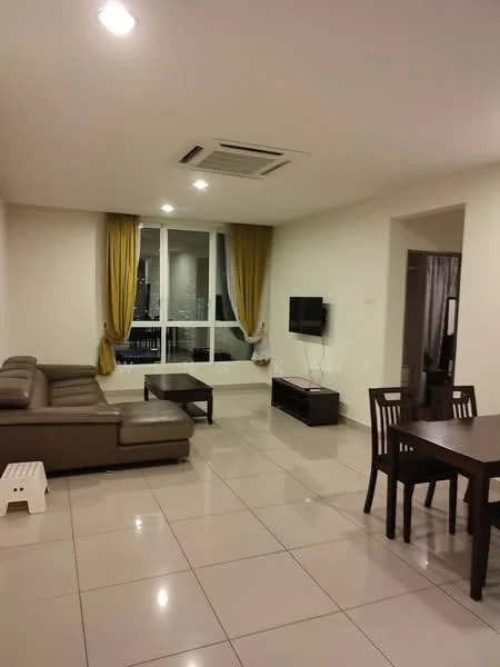 Living features: 3-seater leather sofa in brown, coffee table, TV console, wall-mounted TV, floor-to-ceiling windows, yellow curtains, recessed downlights, polished ceramic tile flooring, 1 wall-mounted split AC; style: modern; view: city.