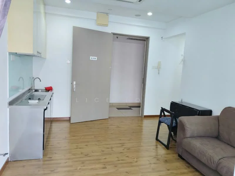 Living features: laminate flooring, light brown walls, sofa in beige fabric, kitchenette with stainless-steel sink, chrome faucet, kitchen cabinets in light wood, refrigerator, wall-mounted air conditioning unit, door leading to hallway, window with sheer curtains; style: modern.
