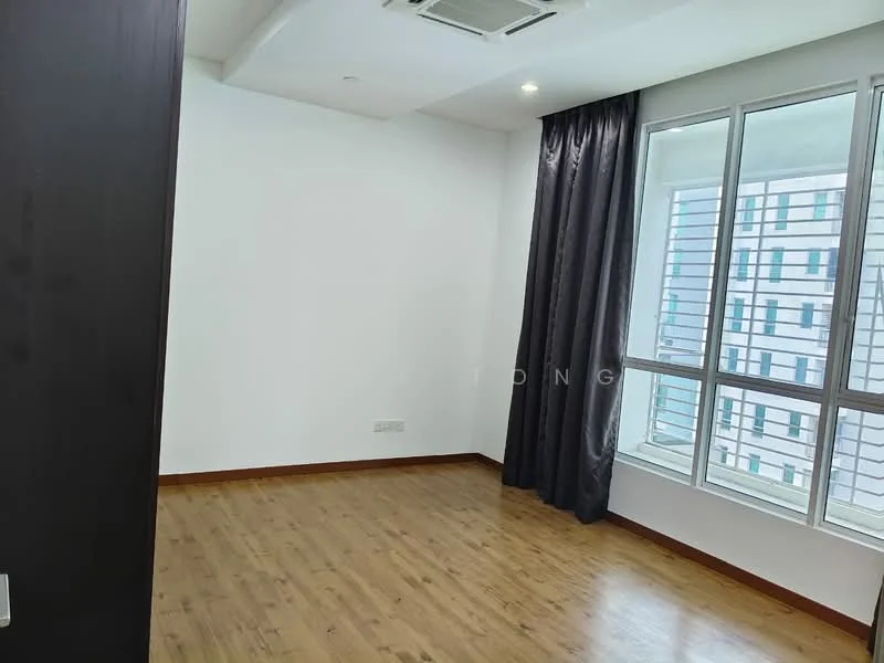 Room features: wooden flooring, white painted walls, floor-to-ceiling windows, blackout curtains, air conditioning unit, recessed downlights; style: modern; view: city.