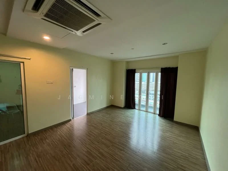 Room features: cream painted walls, laminate flooring, 1 wall-mounted split AC, floor-to-ceiling windows, sliding glass door, dark curtains, recessed downlights; style: modern; view: city.