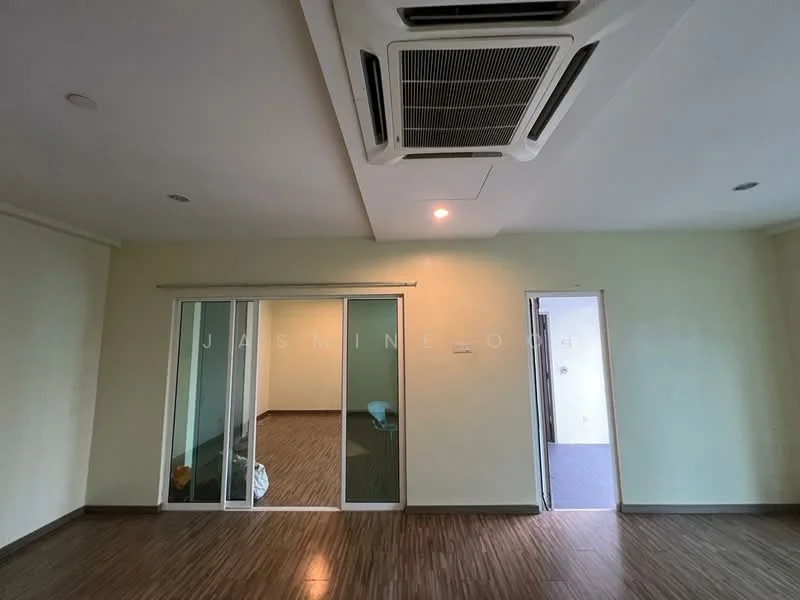 Room features: cream painted walls, laminate flooring, 1 wall-mounted split AC, sliding glass door, doorway leading to another room, windows with no visible treatments, recessed ceiling lights; style: modern.