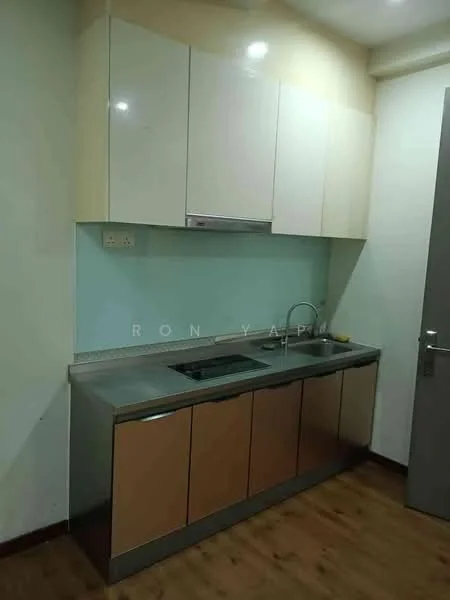 Kitchen features: stainless-steel countertop, two-bowl stainless-steel sink, chrome pull-down faucet, light wood cabinetry with glossy finish, white upper cabinets, glass backsplash, laminate flooring, under-cabinet lighting; style: modern.
