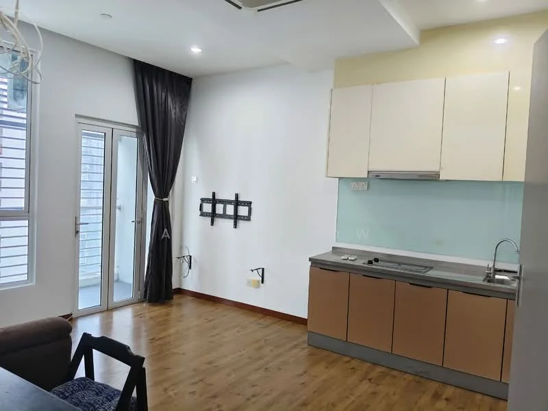 Living features: laminate wood flooring, white painted walls, kitchenette with brown cabinetry, stainless-steel sink, single-bowl stainless-steel sink, chrome pull-down faucet, built-in stove, glass backsplash, floor-to-ceiling windows, sliding glass door, curtains, wall-mounted TV bracket, open layout, recessed downlights; style: modern.