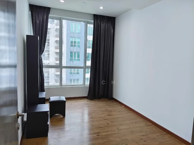 Room features: wooden flooring, white painted walls, floor-to-ceiling windows, blackout curtains, single wooden bench, natural light from windows, minimalist decor, no visible appliances or furniture; style: modern; view: city.