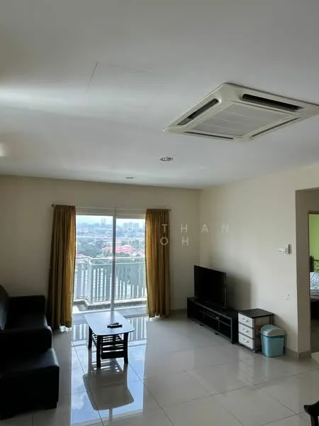 Living features: black leather sofa, coffee table, wall-mounted TV, TV console, floor-to-ceiling windows, curtains in gold, recessed downlights, 1 wall-mounted split AC, glossy tile flooring, neutral painted walls; style: modern; view: city.