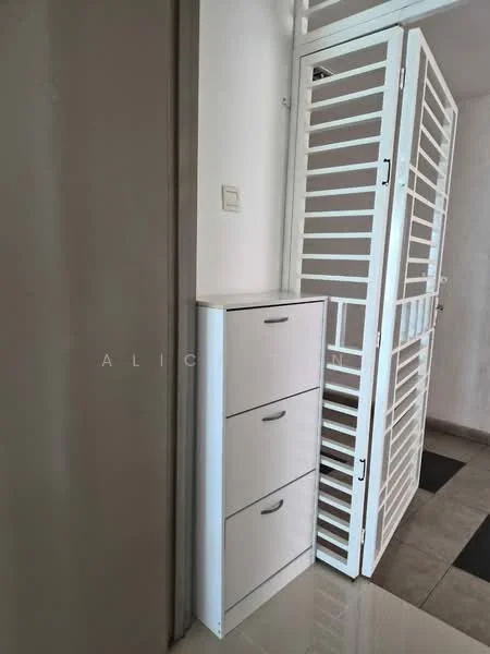 Room features: white cabinet with three drawers, white door with horizontal slats, grey tiled flooring, light-coloured walls, wall-mounted light switch; style: modern.