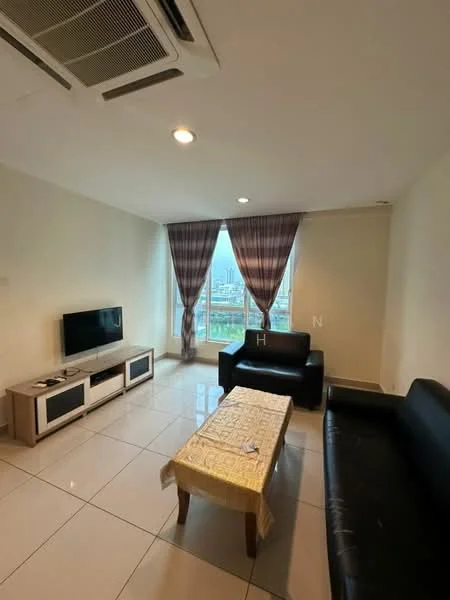 Living features: white painted walls, glossy ceramic tile flooring, recessed downlights, 2-seater black leather sofa, 3-seater fabric sofa in black, coffee table with tablecloth, floor-to-ceiling windows, curtains with checkered pattern, wall-mounted TV console, TV, air conditioning unit; style: modern; view: city.
