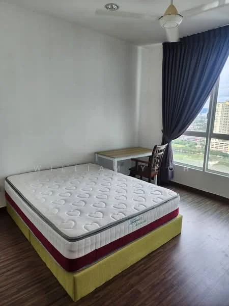 Bedroom features: queen-size bed, mattress with white cover, wooden flooring, floor-to-ceiling window, curtains in dark blue, ceiling fan, study desk, wooden chair; style: modern; view: city.