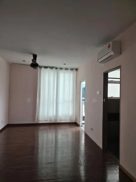Living features: light wood flooring, white painted walls, 5-blade ceiling fan, wall-mounted split AC, floor-to-ceiling windows with sheer curtains, door leading to balcony, natural light from windows; style: modern.