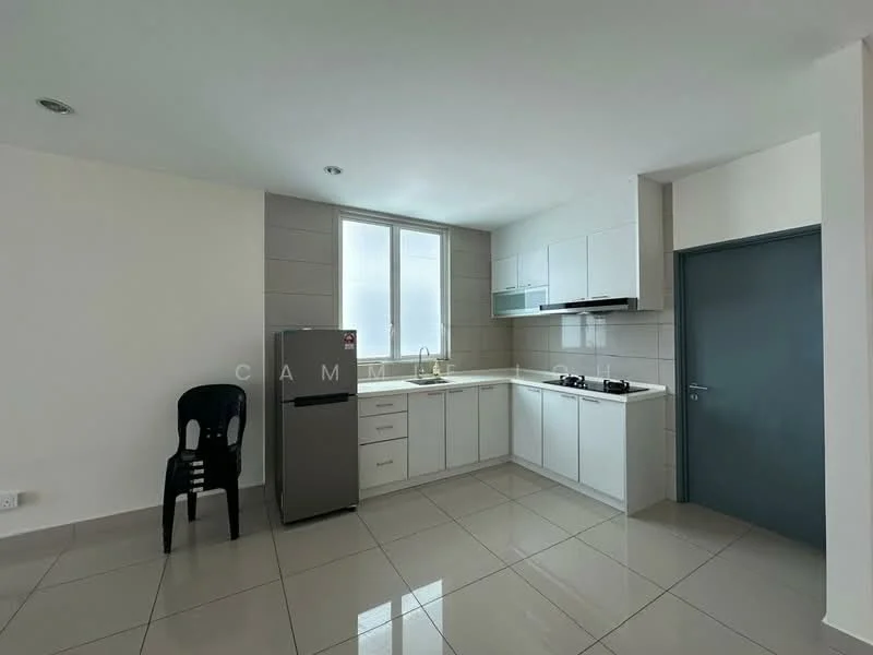 Kitchen features: white cabinetry, grey tiled backsplash, stainless-steel fridge, built-in gas hob, exhaust hood, single-bowl stainless-steel sink, chrome pull-down faucet, white countertop, ceramic tile flooring, large window for natural light, wall-mounted cabinets, open layout, neutral wall color; style: modern.