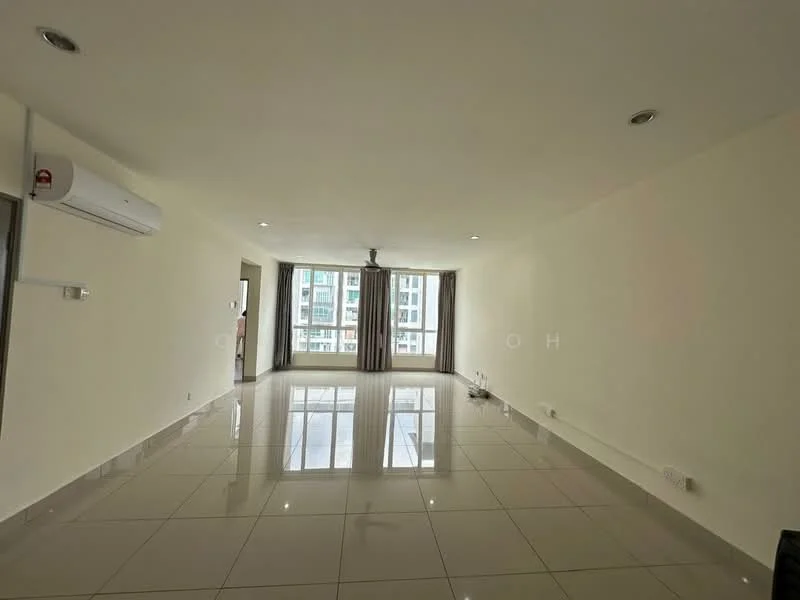 Living features: white painted walls, glossy ceramic tile flooring, recessed downlights, 1 wall-mounted split AC, floor-to-ceiling windows, curtains, ceiling fan, neutral color scheme; style: modern; view: city.