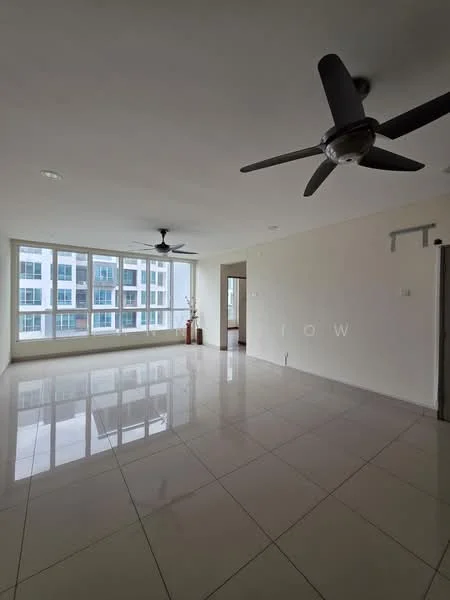Living features: white painted walls, glossy ceramic tile flooring, 2 ceiling fans, large floor-to-ceiling windows, natural light, neutral color scheme, minimalist decor, plant in decorative pot; style: modern; view: city.