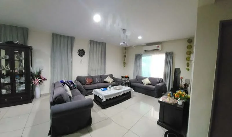 Living features: grey fabric L-shape sectional sofa, 2-seater grey fabric sofa, white coffee table, black TV console, wall-mounted TV, marble tile flooring, recessed downlights, ceiling fan, light grey curtains, decorative wall clock, framed artwork, houseplants in ceramic pots; style: modern.