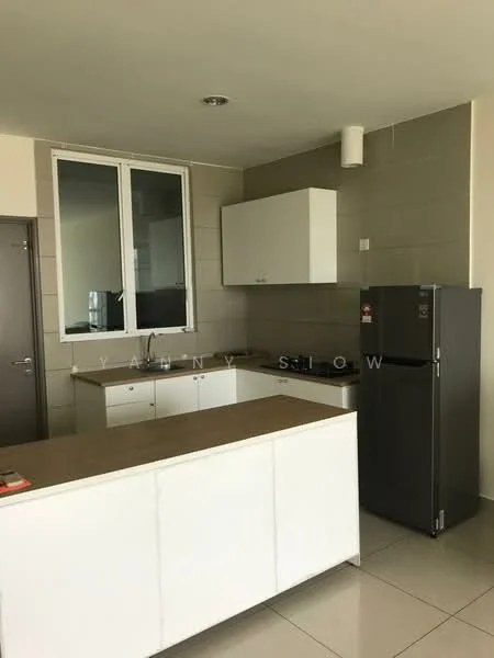 Kitchen features: white cabinetry, brown countertop, stainless-steel fridge, built-in stove, tile backsplash, grey wall tiles, floor-to-ceiling window, polished tile flooring; style: modern.