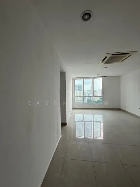 Room features: white painted walls, polished ceramic tile flooring, recessed downlights, floor-to-ceiling windows, air conditioning unit, city view; style: modern; view: city.