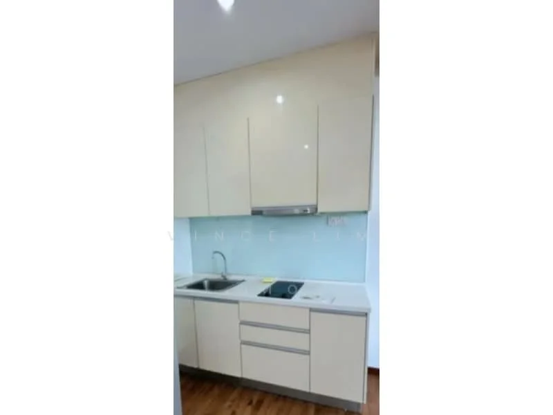 Kitchen features: light beige cabinetry, stainless-steel sink, chrome pull-down faucet, white countertop, glass backsplash, built-in stainless-steel range hood, two upper cabinets, three lower cabinets, wooden flooring, recessed lighting; style: modern.