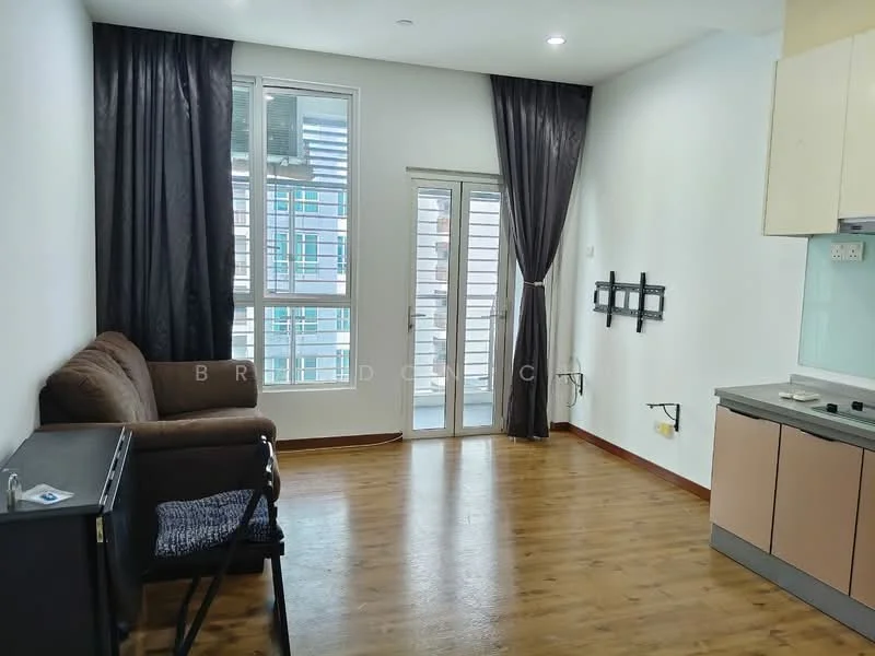 Living features: brown fabric sofa, wooden flooring, white painted walls, floor-to-ceiling windows, sliding glass door, blackout curtains, TV console mount on wall, wall-mounted electrical outlets; style: modern.