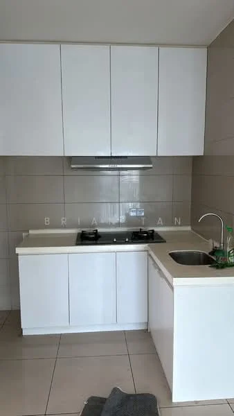 Kitchen features: white cabinetry, granite countertop, stainless-steel sink, chrome pull-down faucet, built-in gas hob, stainless-steel range hood, wall-mounted cabinets, ceramic tile backsplash, grey tile flooring; style: modern.