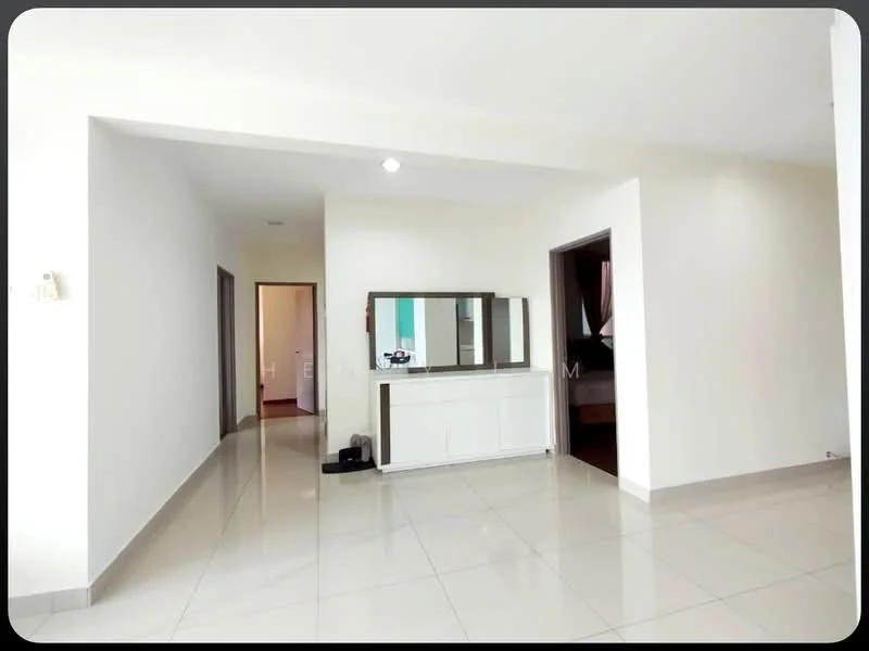 Room features: white painted walls, glossy ceramic tile flooring, recessed downlights, mirror on console table, console table with storage, doorway leading to another room, doorway leading to bathroom, neutral color scheme; style: modern.