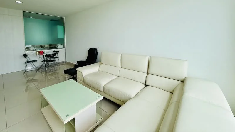 Living features: L-shape sectional sofa in white leather, glass coffee table with metal legs, wall-mounted TV, floor-to-ceiling windows, neutral painted walls, ceramic tile flooring, recessed downlights, decorative wall art, open layout to dining area; style: modern. Dining features: glass dining table for four, metal dining chairs, open kitchen view, neutral painted walls, ceramic tile flooring; style: modern.
