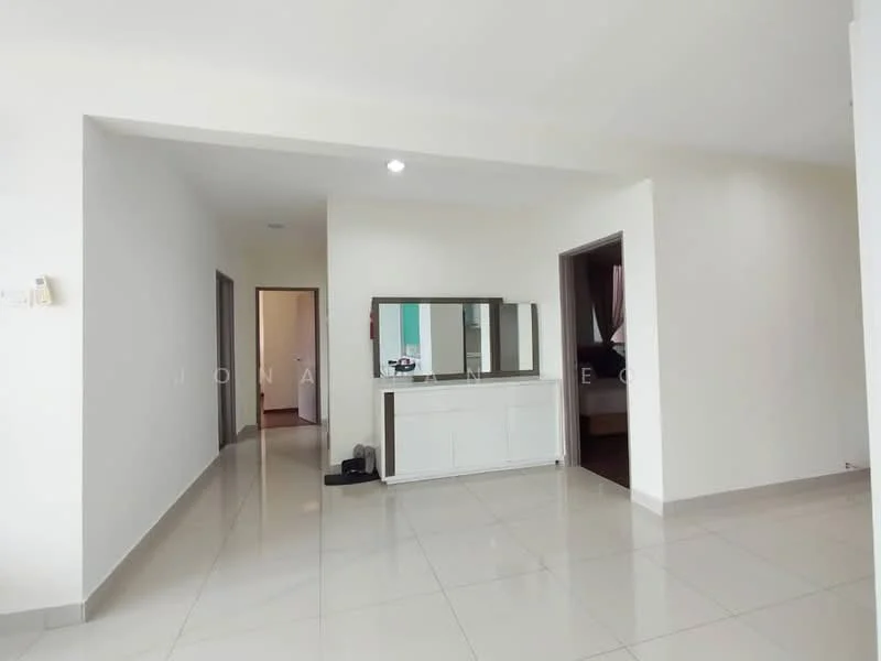 Room features: white painted walls, glossy ceramic tile flooring, recessed downlights, mirror with white cabinet, doorway leading to another room, doorway leading to hallway, neutral color scheme; style: modern.