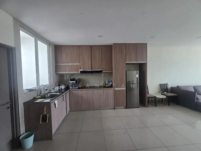 Kitchen features: brown wooden cabinetry, black countertop, stainless-steel fridge, built-in oven, 4-burner gas hob, single-bowl stainless-steel sink, chrome pull-down faucet, tile flooring, floor-to-ceiling windows, open layout to living area; style: modern.