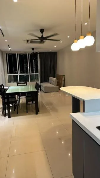 Living features: floor-to-ceiling windows, grey curtains, 3-blade ceiling fan, recessed LED downlights, pendant lighting, light-coloured walls, cream tiled flooring, sofa in light grey, dining table with black chairs, open layout, view of city skyline; style: modern; view: city. Kitchen features: white countertop, grey cabinetry, stainless-steel sink, built-in appliances, open kitchen layout; style: modern.