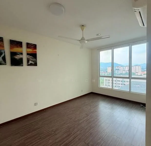 Living features: wooden flooring, white painted walls, 5-blade ceiling fan with light, floor-to-ceiling windows, city view, air conditioning unit, decorative wall art; style: modern; view: city.