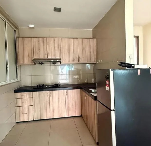 Kitchen features: laminate cabinetry in light wood finish, black granite countertop, stainless-steel sink, chrome pull-down faucet, built-in gas hob with 2 burners, exhaust hood, fridge, ceramic tile flooring, wall tiles in neutral color, window for natural light; style: modern.
