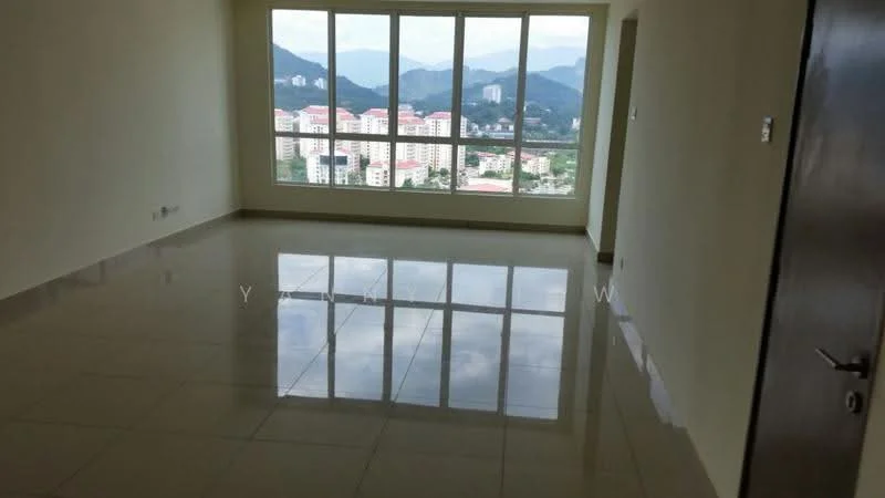 Living features: large floor-to-ceiling windows, mountain view, cream painted walls, glossy ceramic tile flooring, neutral color scheme, no visible furniture, bright natural light, spacious layout; style: modern; view: mountain.