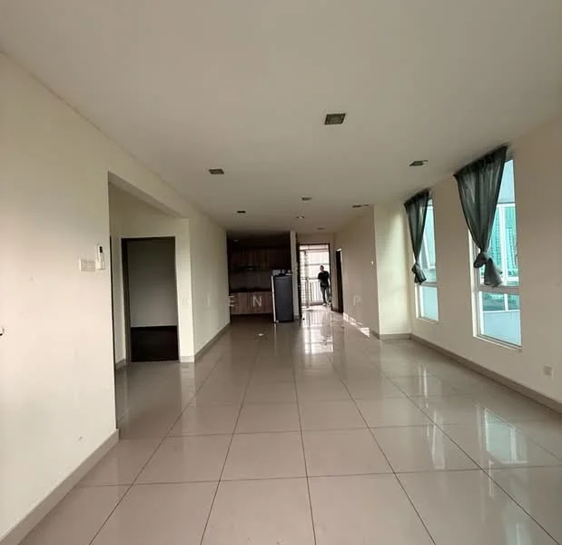 Room features: white painted walls, glossy ceramic tile flooring, large windows with sheer curtains, recessed downlights, open layout, neutral color scheme, high ceiling, doorway leading to kitchen area; style: modern; view: city.