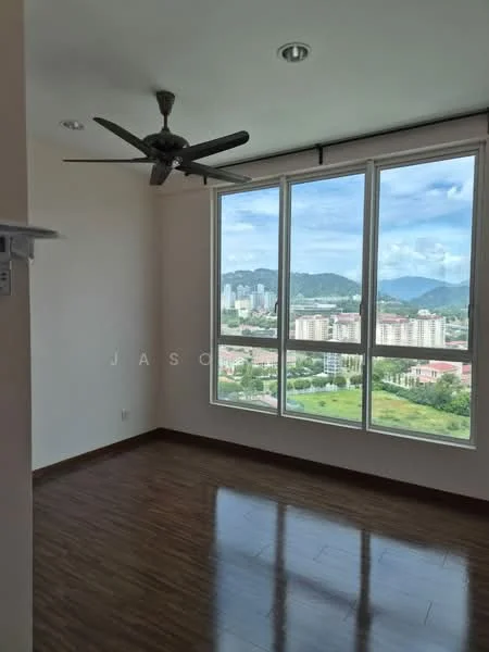 Room features: wooden flooring, 5-blade ceiling fan, floor-to-ceiling windows, city view, mountain view, white painted walls, recessed downlights; style: modern; view: city.