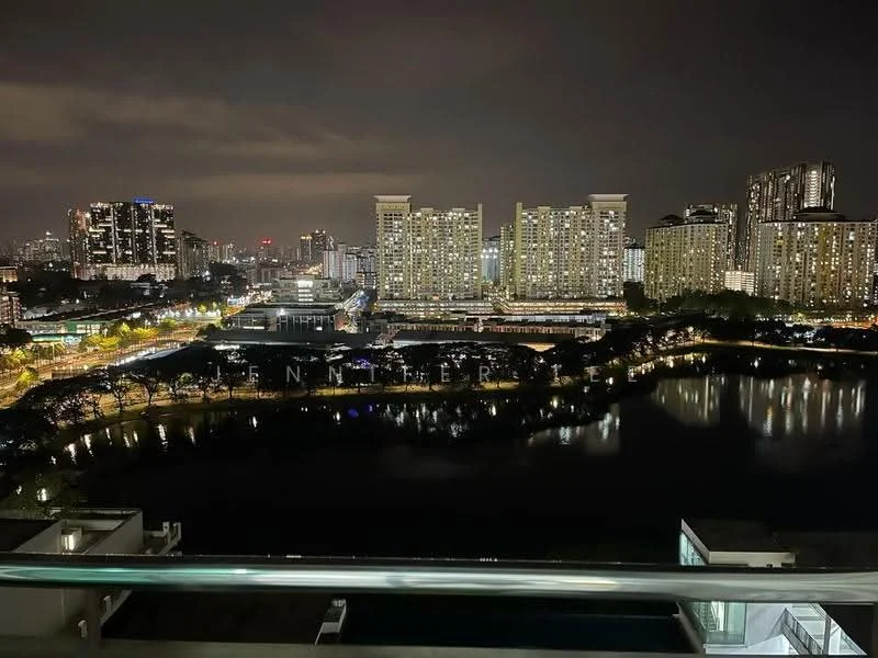 Exterior type: high-rise condominium; features: city skyline view, waterfront view, night lighting, surrounding urban landscape, multiple high-rise buildings, reflections on water; style: modern.