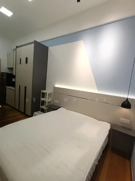Bedroom features: queen-size bed with white bedding, wooden flooring, light blue accent wall, grey cabinetry, built-in wardrobe, nightstand with lamp, recessed lighting, wall-mounted light fixture; style: modern.