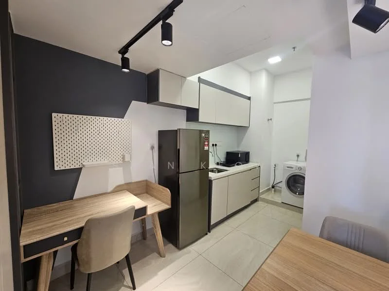 Kitchen features: grey and white cabinetry, stainless-steel fridge, built-in microwave, freestanding washing machine, ceramic tile flooring, recessed LED downlights, kitchen countertop, single-bowl stainless-steel sink, chrome pull-down faucet, wall-mounted cabinets, dining table with wooden surface, grey upholstered chair; style: modern.