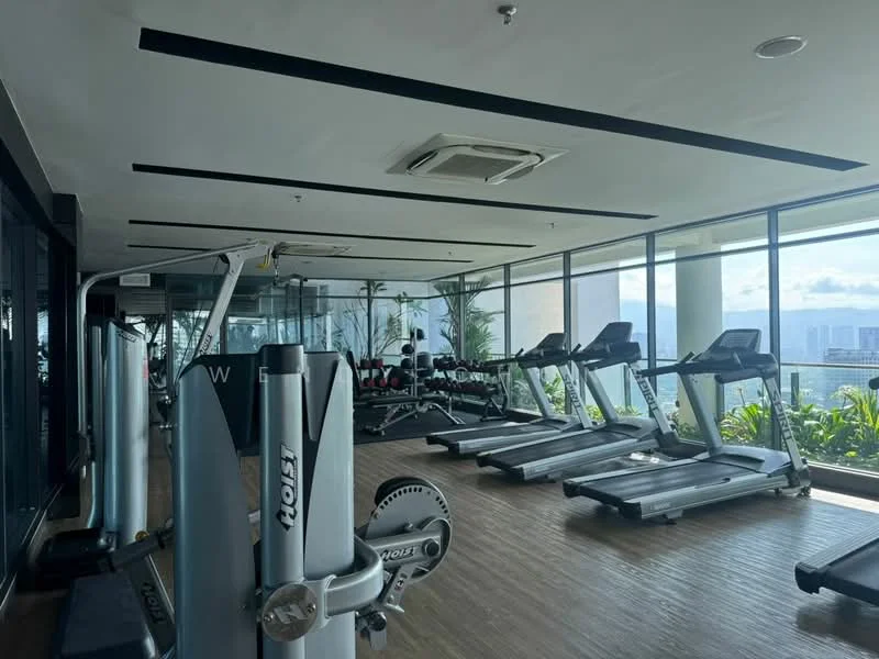 Room features: treadmills, weight machines, large windows with city view, wooden flooring, ceiling-mounted air conditioning unit, indoor plants, mirrored wall, exercise mats; style: modern; view: city.