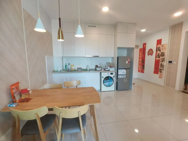 Kitchen features: white cabinetry, grey countertop, stainless-steel fridge, front-load washing machine, single-bowl stainless-steel sink, chrome pull-down faucet, ceramic tile flooring, pendant lighting, dining table with four chairs, wall-mounted cabinets, open shelving, decorative wall paneling; style: modern.