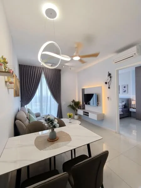 Living features: 3-seater fabric sofa in light grey, coffee table with marble top, wall-mounted TV, TV console with storage, floor-to-ceiling windows with sheer curtains, 5-blade ceiling fan with light, recessed downlights, decorative wall art, potted plant, area rug with geometric pattern, dining table with 4 black chairs, white painted walls, glossy tile flooring; style: modern; view: city.