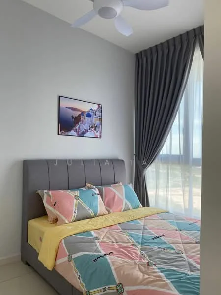 Bedroom features: king-size bed with grey upholstered headboard, colorful patterned bedding, floor-to-ceiling windows, sheer curtains, ceiling fan with light, framed artwork on wall, light-colored walls, tile flooring; style: modern; view: city.
