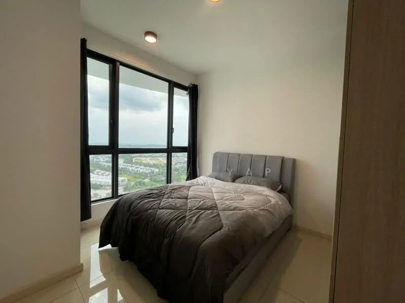 Bedroom features: queen-size bed with grey bedding, floor-to-ceiling windows, city view, light-colored walls, glossy tile flooring, recessed ceiling lights, blackout curtains, upholstered headboard; style: modern; view: city.