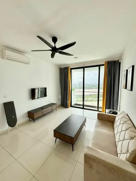 Living features: 3-seater fabric sofa in beige, coffee table with black top, wall-mounted TV, TV console in wood finish, floor-to-ceiling windows, grey curtains, yellow sheer curtains, 1 wall-mounted split AC, 5-blade ceiling fan with light, cream painted walls, tile flooring; style: modern; view: city.