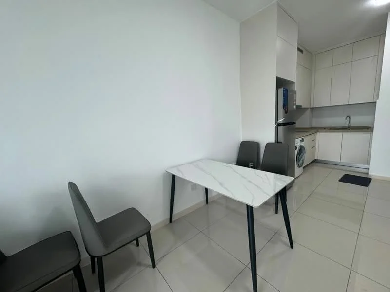 Dining features: white painted walls, marble dining table, 4 grey upholstered dining chairs, ceramic tile flooring, built-in kitchen cabinetry, stainless-steel sink, built-in washing machine, refrigerator, countertop, wall-mounted water dispenser; style: modern.