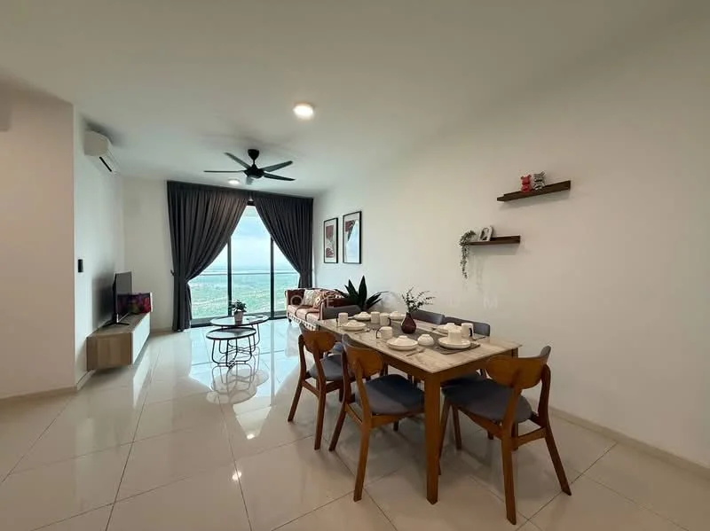 Dining features: 6-seater dining table, wooden dining chairs, ceramic dinnerware, decorative plant on table, wall-mounted shelf with decor, floor-to-ceiling windows, curtains, recessed downlights, sofa in background, TV console with TV, area rug, light-colored walls, glossy tile flooring, ceiling fan; style: modern; view: city.