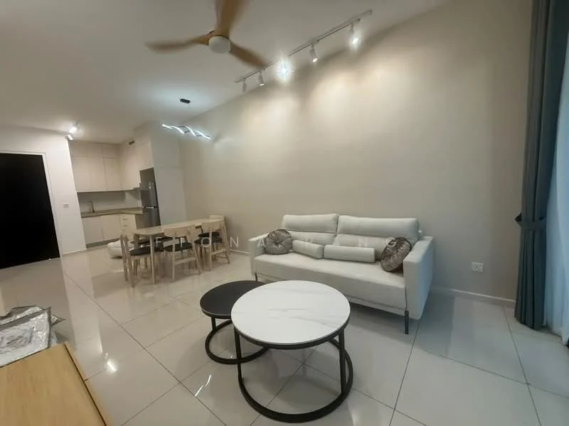 Living features: 3-seater fabric sofa in white, coffee table with marble top, 2 round side tables with black tops, wall-mounted LED lights, ceiling fan with light, neutral painted walls, glossy tile flooring, curtains in light blue, open layout to kitchen, dining area visible in background; style: modern.